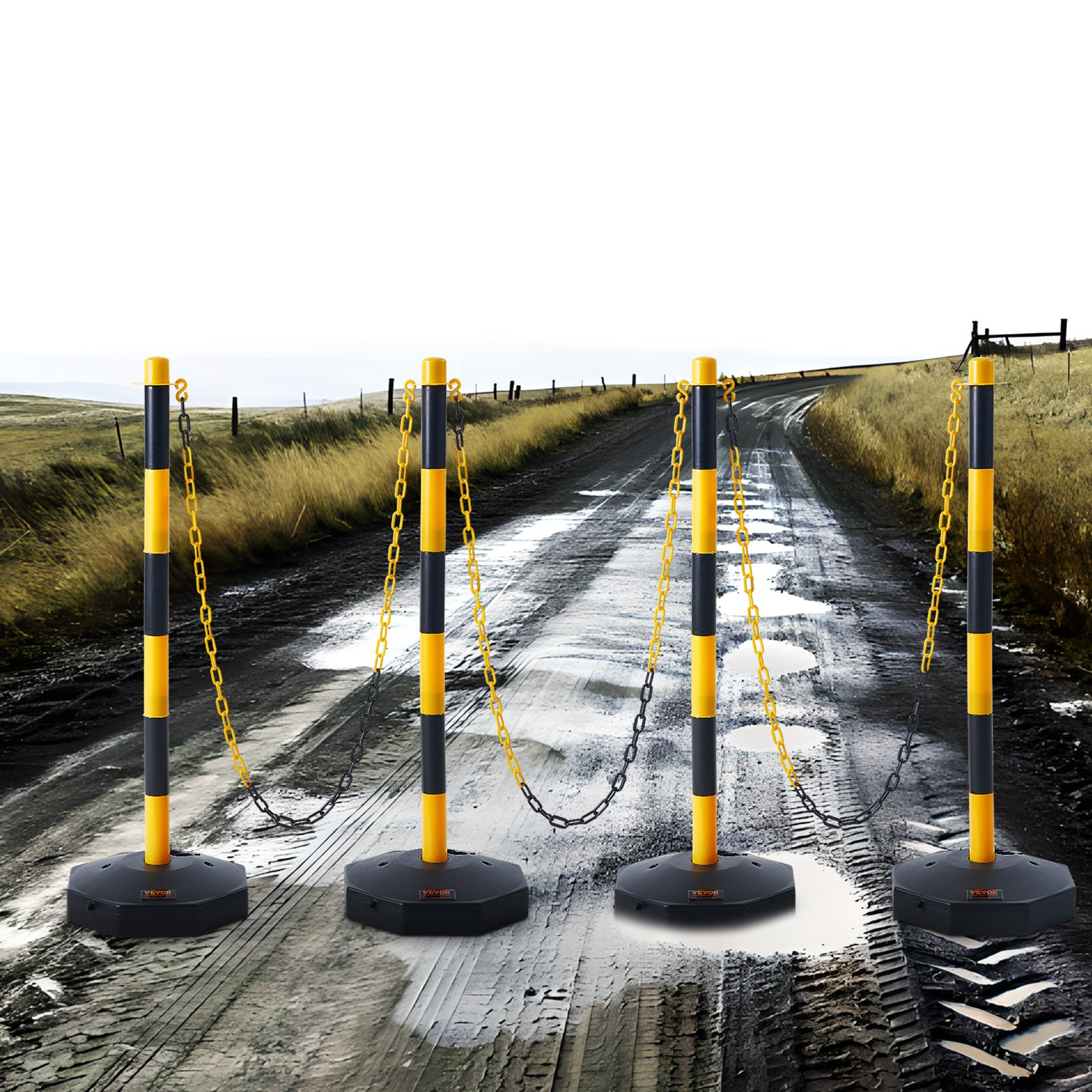 4 Pack Traffic Delineator Posts w/Base & 8FT Chain, Yellow/Black Safety Barriers
