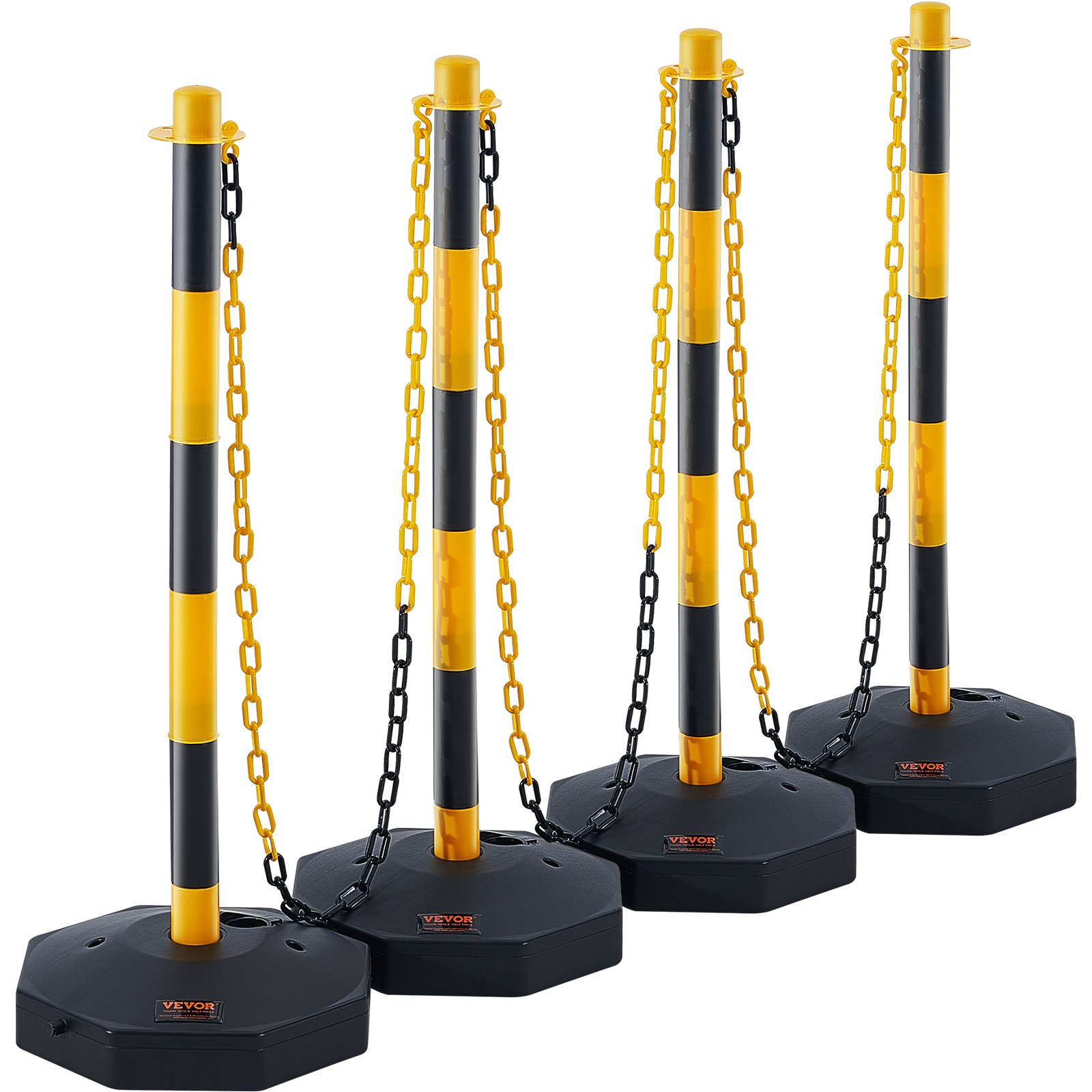 4 Pack Traffic Delineator Posts w/Base & 8FT Chain, Yellow/Black Safety Barriers
