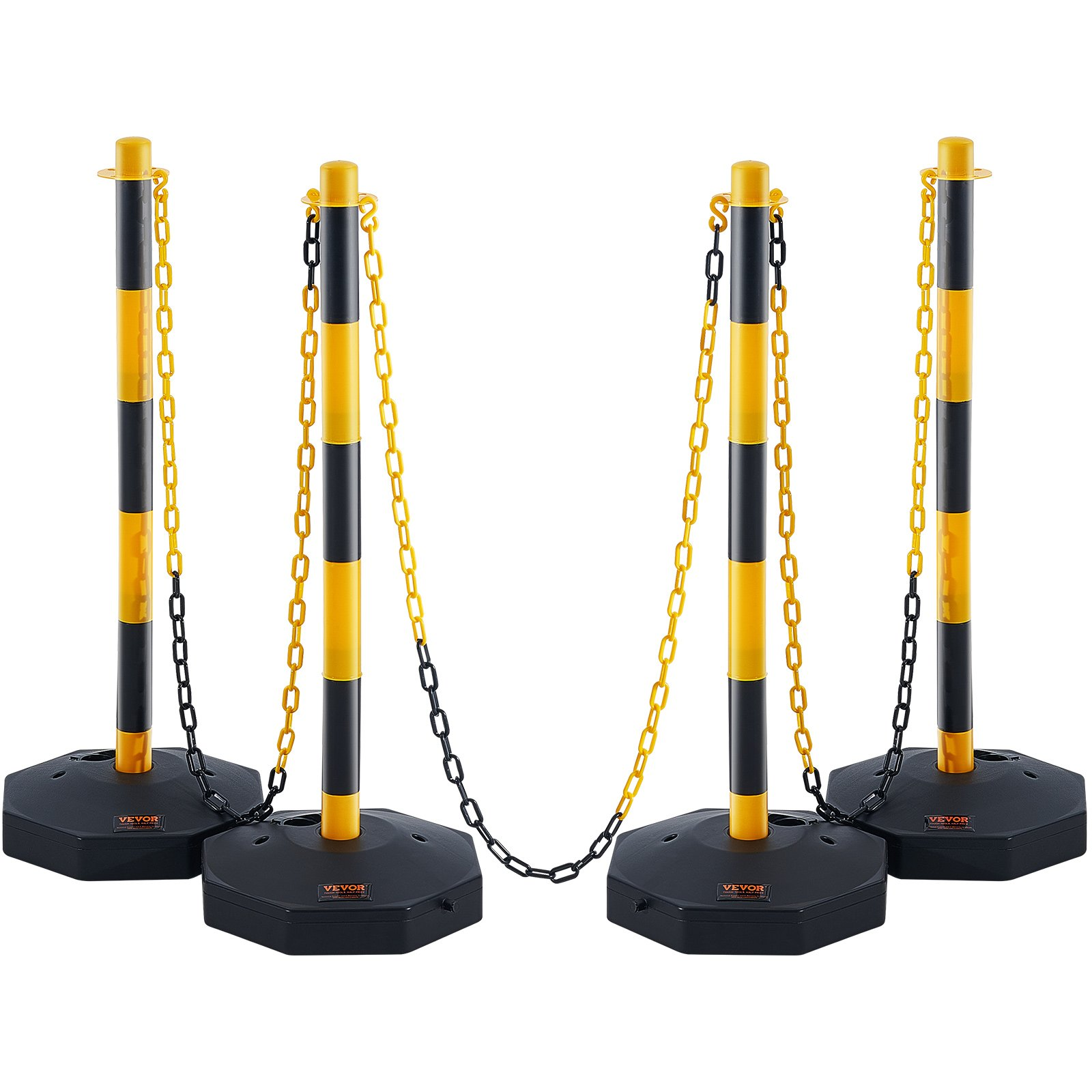 4 Pack Traffic Delineator Posts w/Base & 8FT Chain, Yellow/Black Safety Barriers