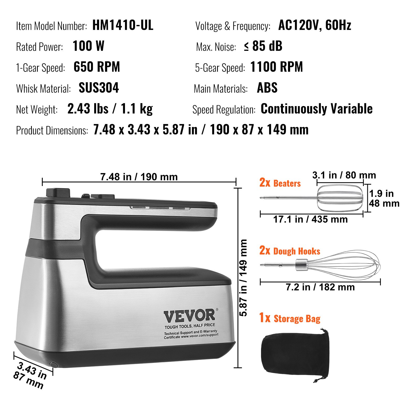 Cordless Electric Hand Mixer, Continuously Variable Electric Handheld Mixer