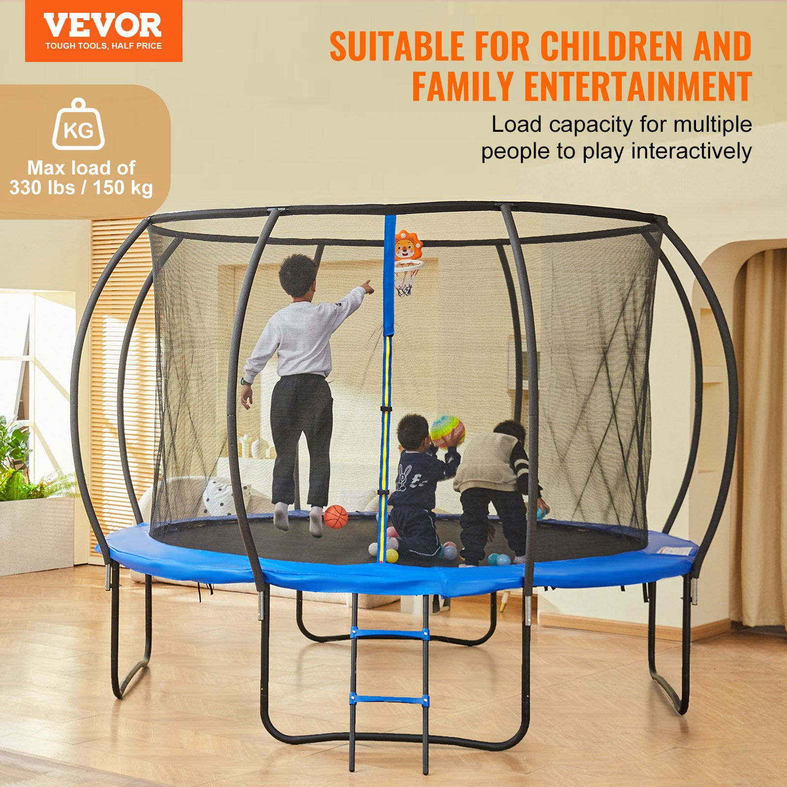 10FT Trampoline w/ Net, Ladder, Curved Poles 330lbs Capacity Outdoor Kids Adults