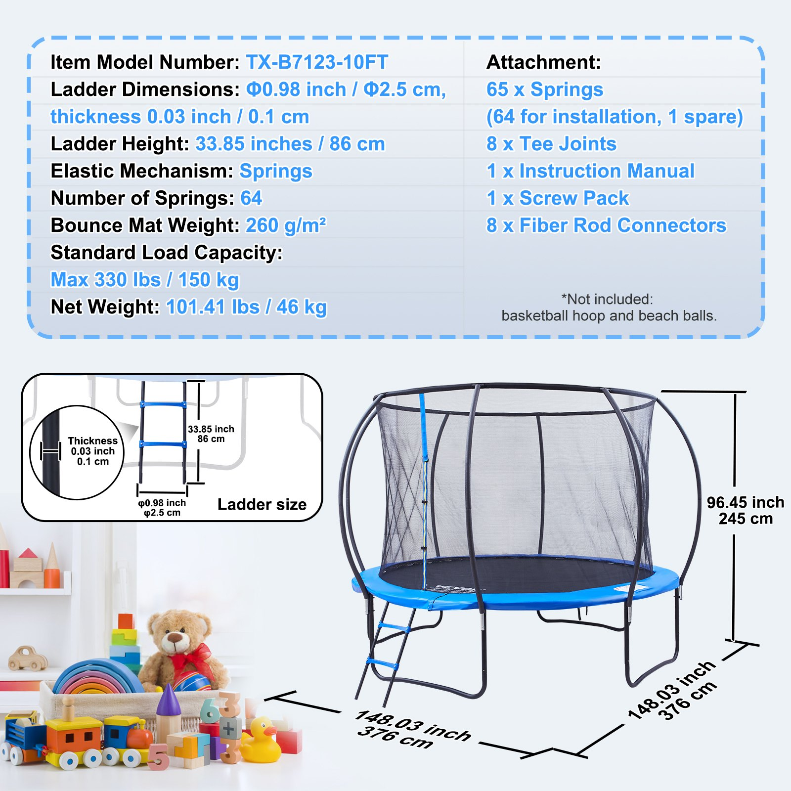 10FT Trampoline w/ Net, Ladder, Curved Poles 330lbs Capacity Outdoor Kids Adults