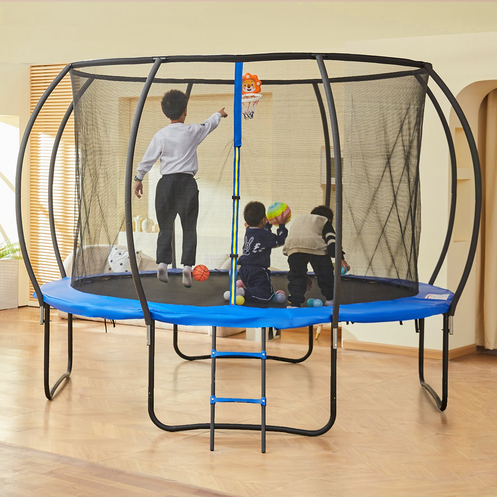 10FT Trampoline w/ Net, Ladder, Curved Poles 330lbs Capacity Outdoor Kids Adults