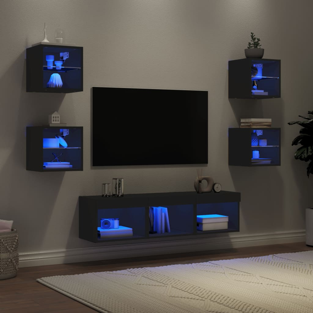 vidaXL 7 Piece TV Wall Units with LED Black Engineered Wood