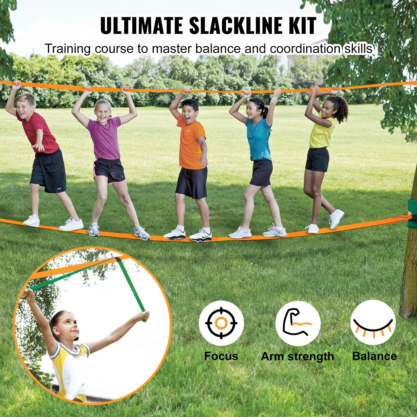 Slackline Kit with Training Line, 60 ft Backyard Slack Line Equipment ...