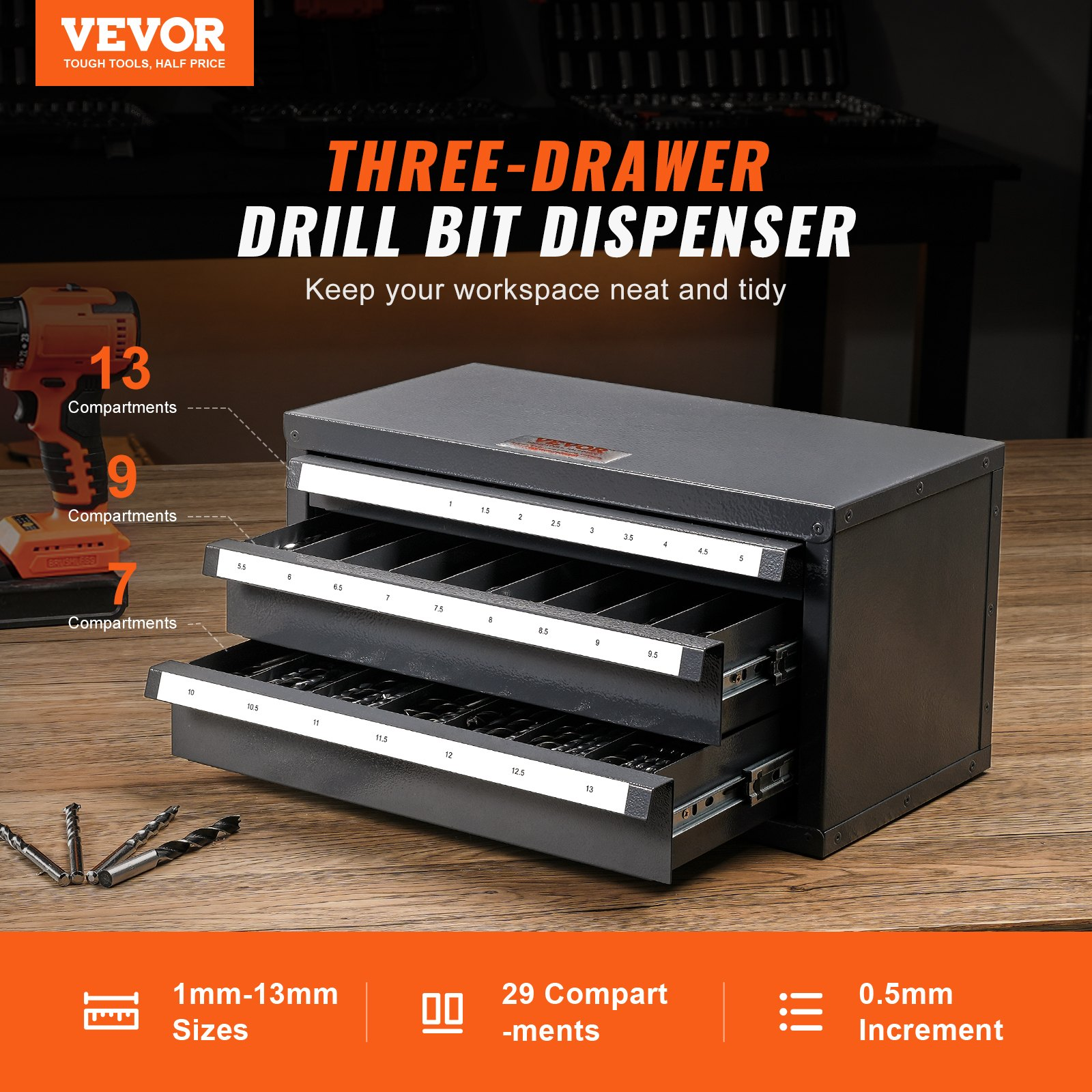 VEVOR Drill Bit Dispenser Cabinet, Three-Drawer Drill Bit Organizer Cabinet for
