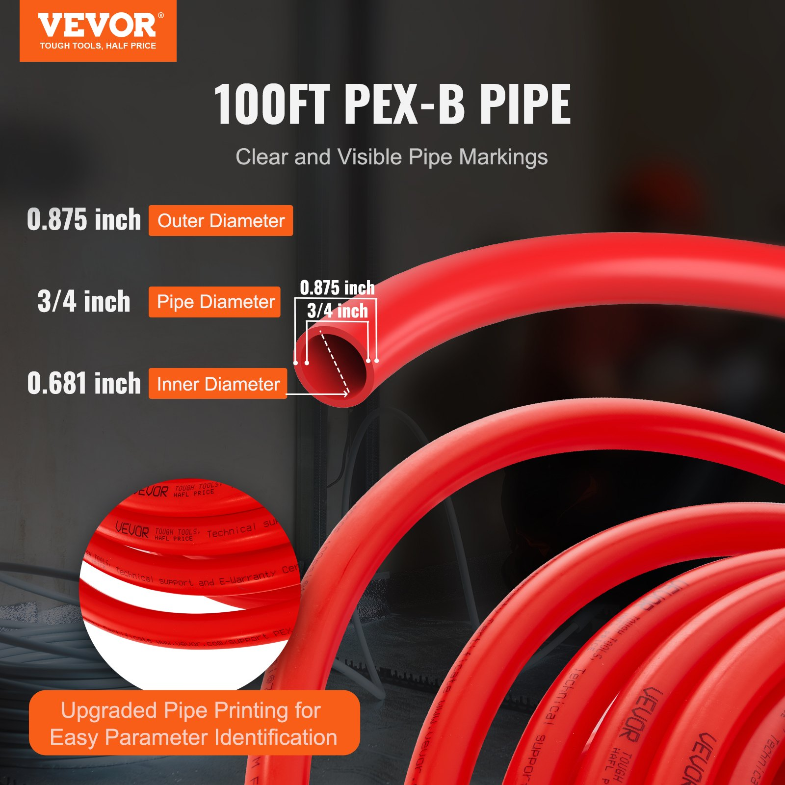 3/4″ PEX-B Pipe 100ft Red PEX Tubing for Hot Cold Water w/Cutter Clamps