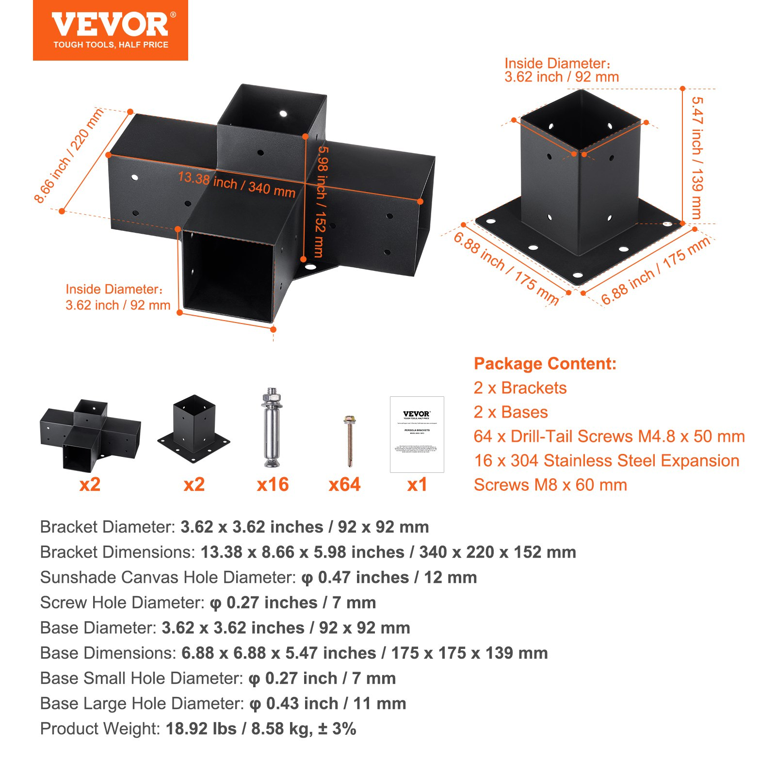 VEVOR Pergola Bracket Kit 4''x4'', Log Cabin Outdoor Pergola Hardware