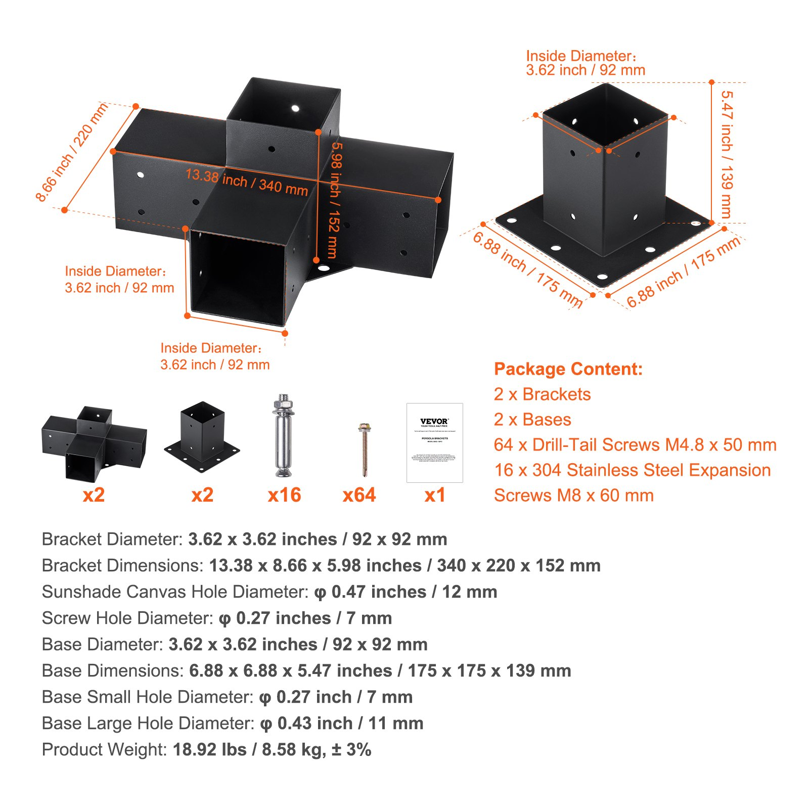 VEVOR Pergola Bracket Kit 4''x4'', Log Cabin Outdoor Pergola Hardware