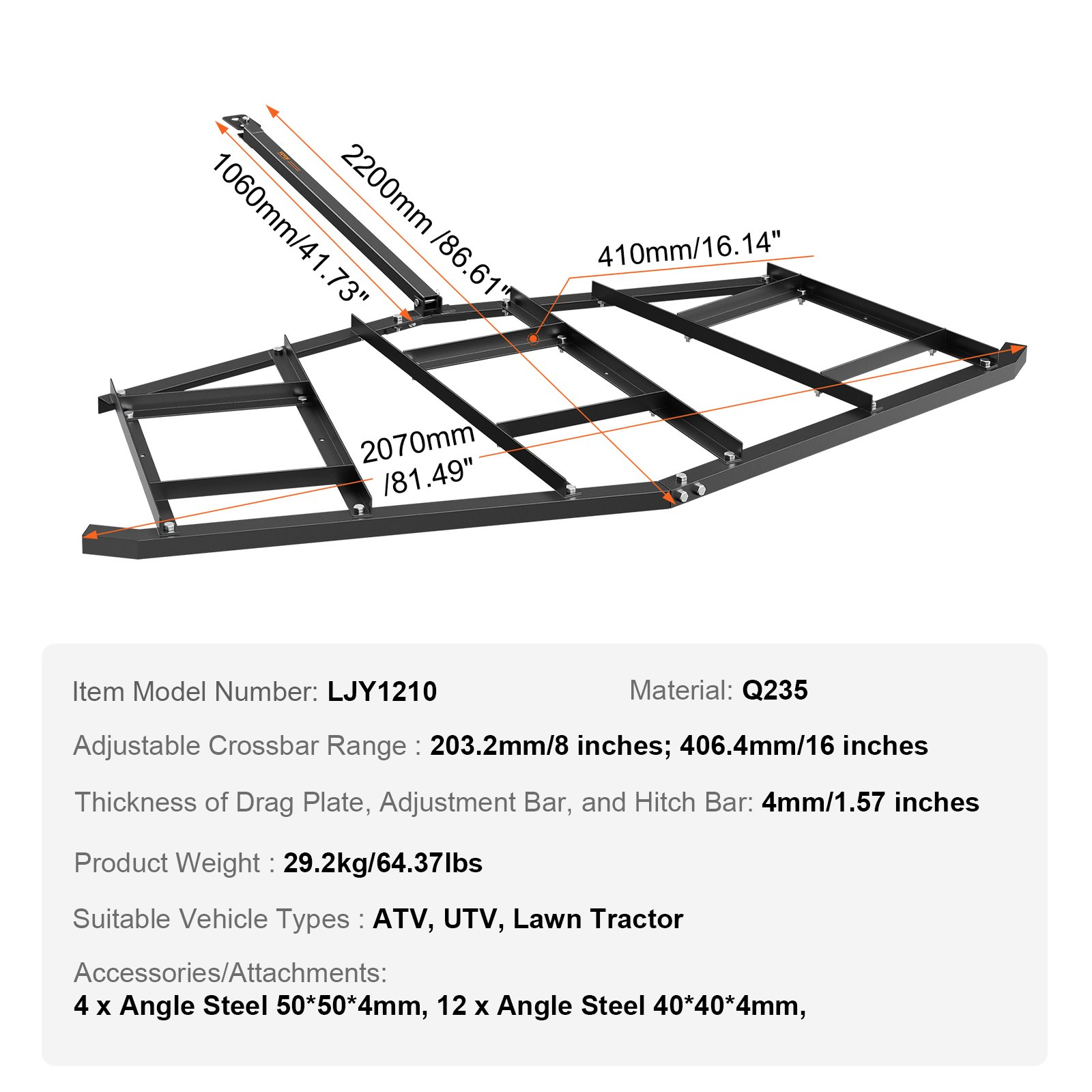 Heavy-Duty 84" Tow Behind Driveway Drag Harrow - Q235 Steel Grader with Adjustab