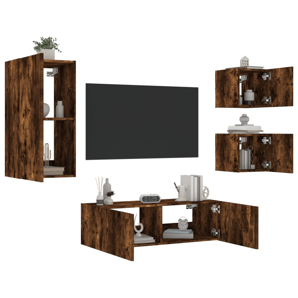 vidaXL 4 Piece TV Wall Cabinets with LED Lights Smoked Oak