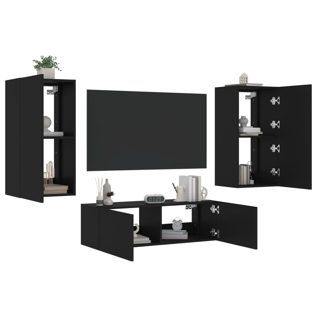 vidaXL 3 Piece TV Wall Cabinets with LED Lights Black