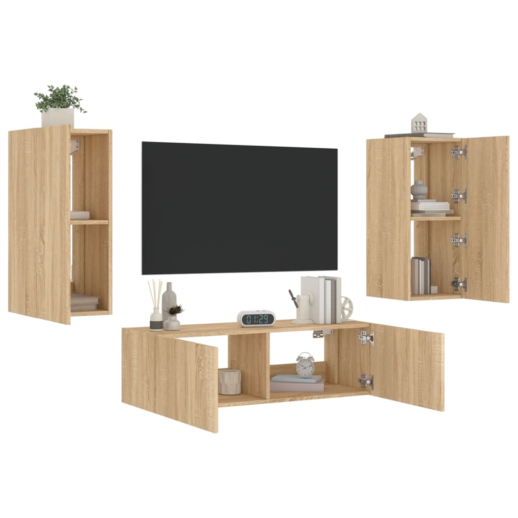 vidaXL 3 Piece TV Wall Cabinets with LED Lights Sonoma Oak