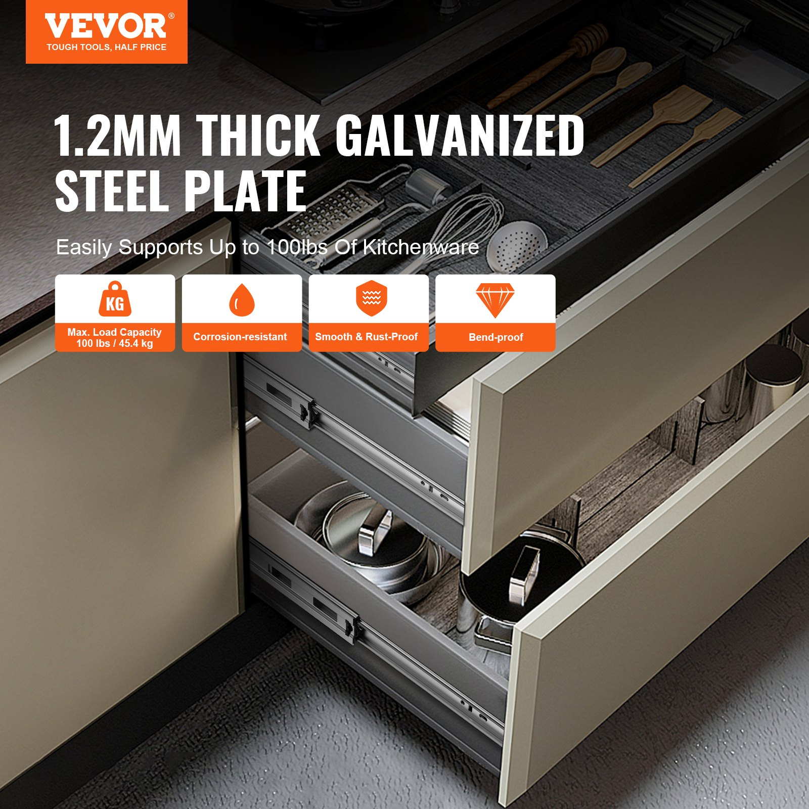 Drawer Slides Side Mount Rails, 100 Lbs Load Capacity-image