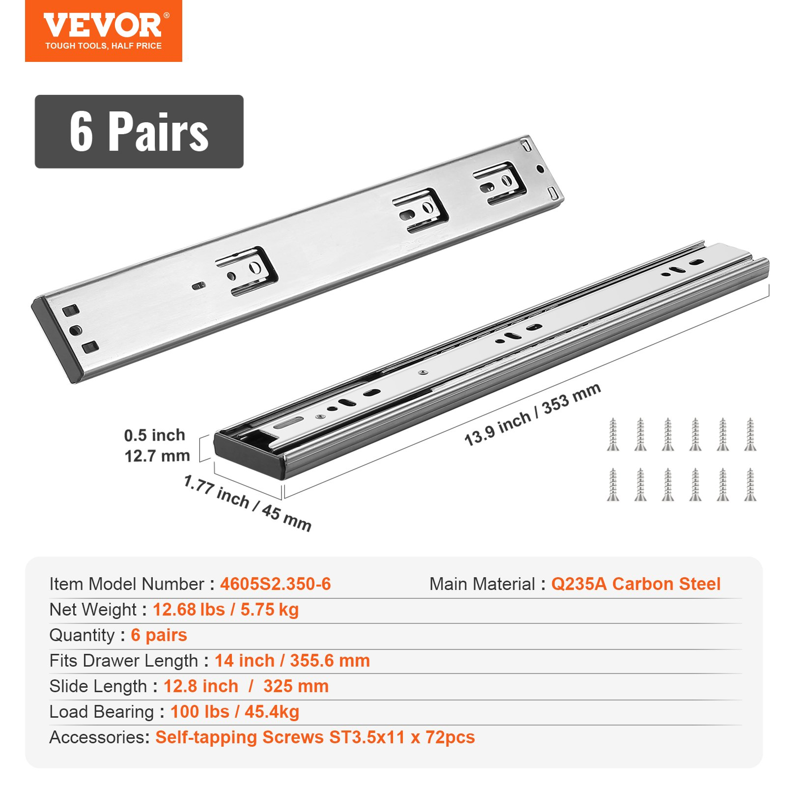 VEVOR 6 Pairs of 14 Inch Drawer Slides Side Mount Rails, 100 Lbs Load Capacity