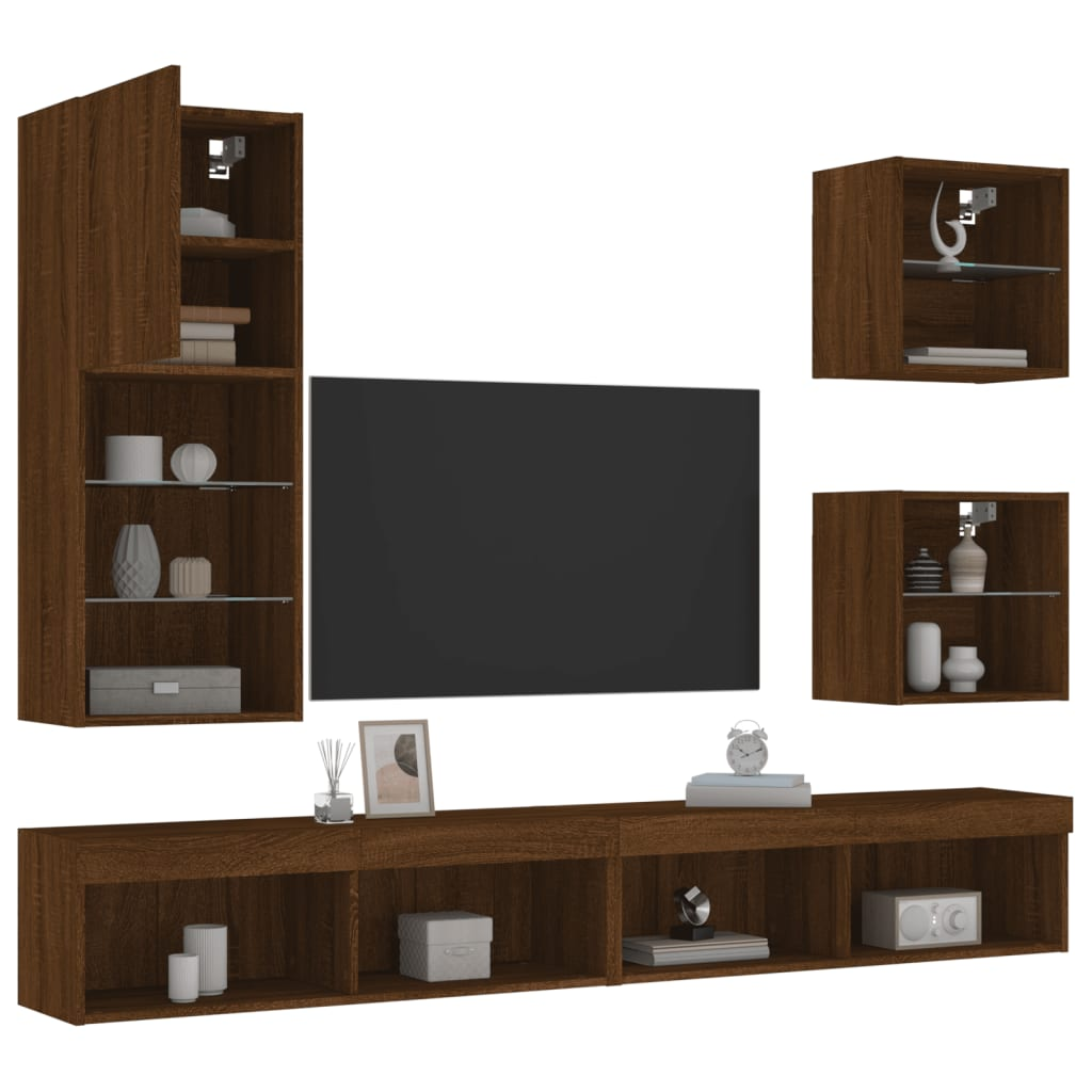 vidaXL 5 Piece TV Wall Units with LED Brown Oak Engineered Wood