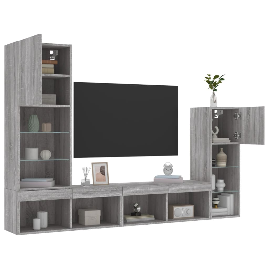 vidaXL 4 Piece TV Wall Units with LED Grey Sonoma Engineered Wood