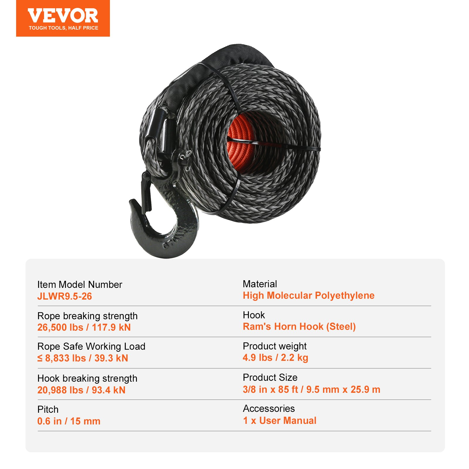 Synthetic Winch Rope, 3/8 Inch x 85 Feet 26, 500 lbs - Heavy-Duty, and Reliable - Picture 7 of 10