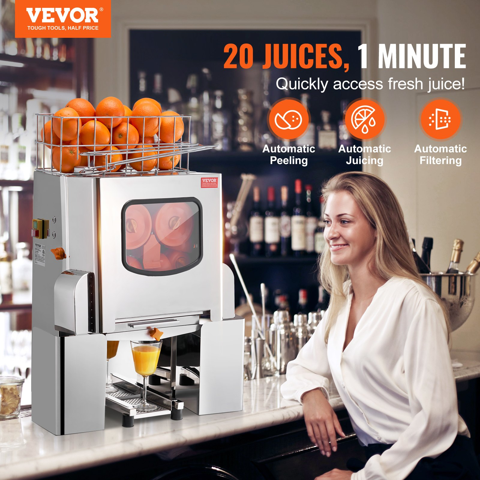 Commercial Orange Juicer Machine, 2 Peel Collecting Buckets