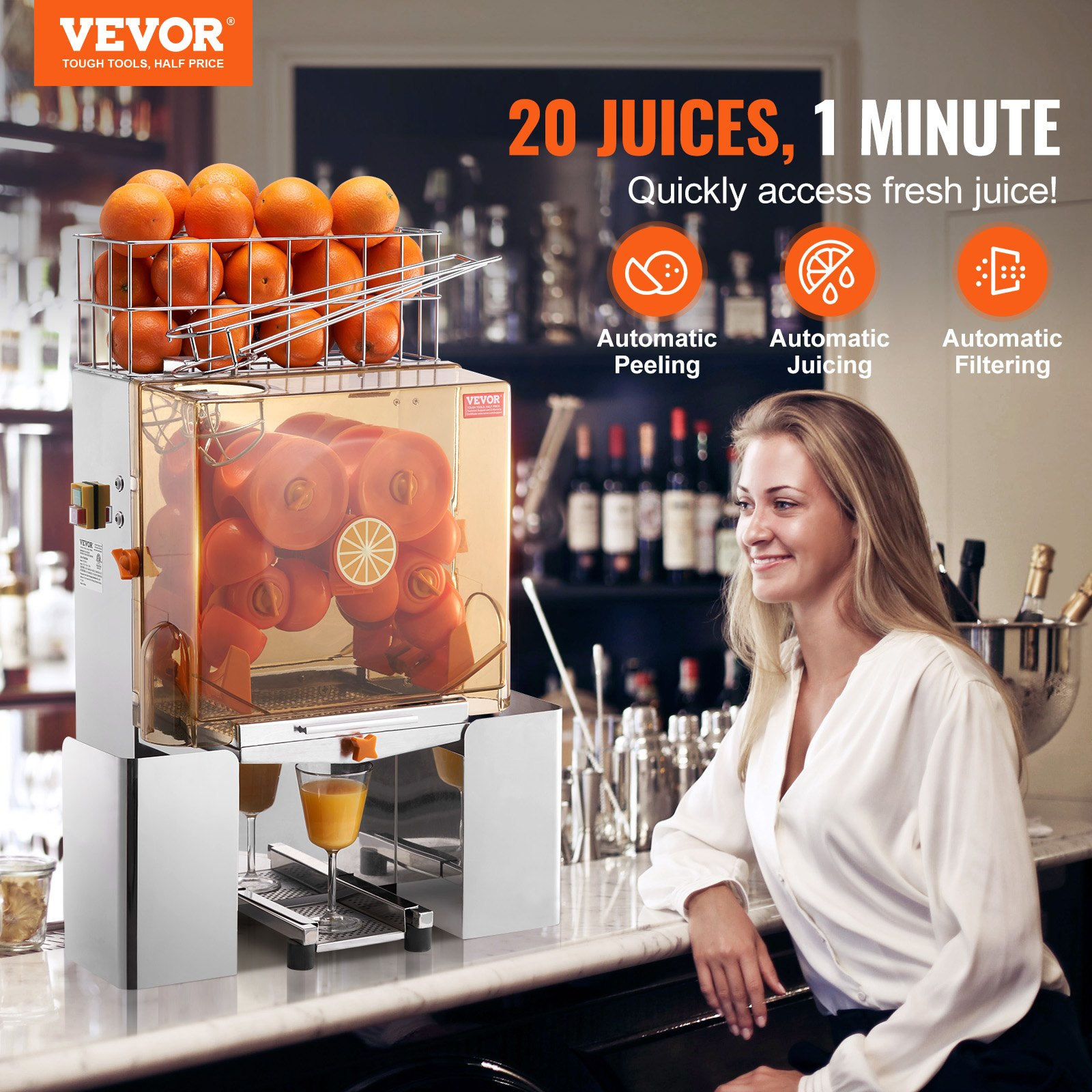 Commercial Orange Juicer Machine, 2 Peel Collecting Buckets
