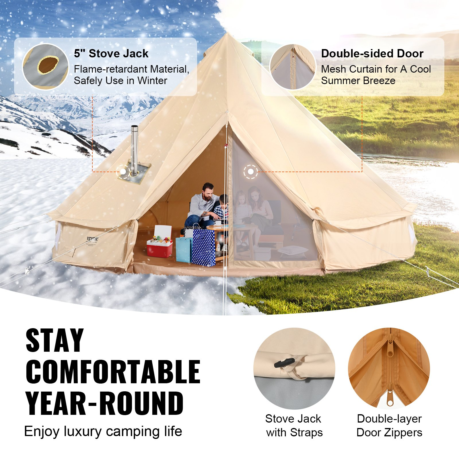 8-10 Person Canvas Glamping Bell Tent, 16'x16'x118 "(Diameter 5M)