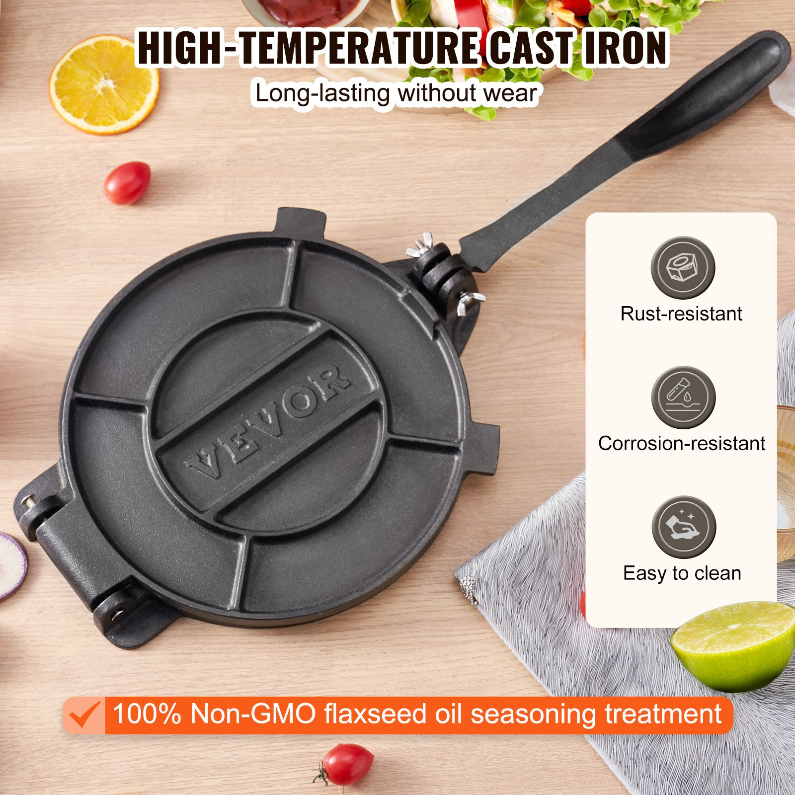 10" Gusseisen Tortilla Presse Schwerlast Roti Maker mit Backpapier Silber - Bild 2 von 10