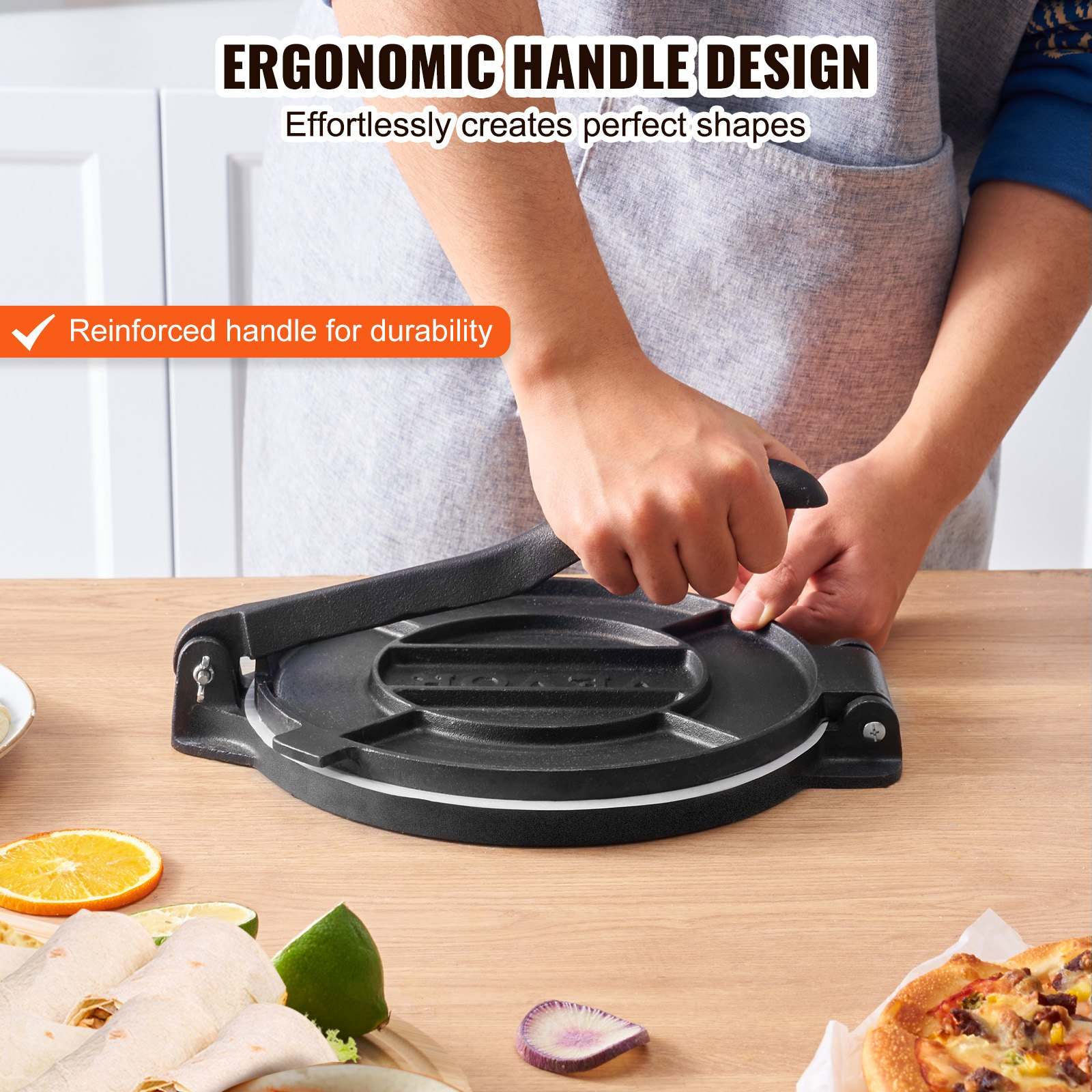 10" Gusseisen Tortilla Presse Schwerlast Roti Maker mit Backpapier Silber - Bild 3 von 10