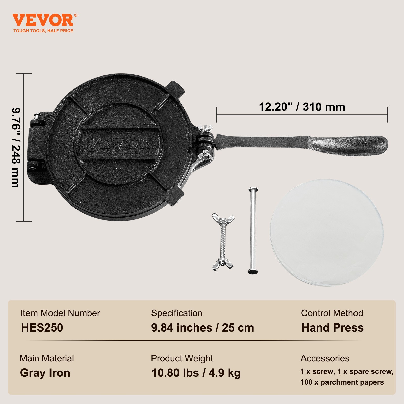 10" Gusseisen Tortilla Presse Schwerlast Roti Maker mit Backpapier Silber - Bild 6 von 10