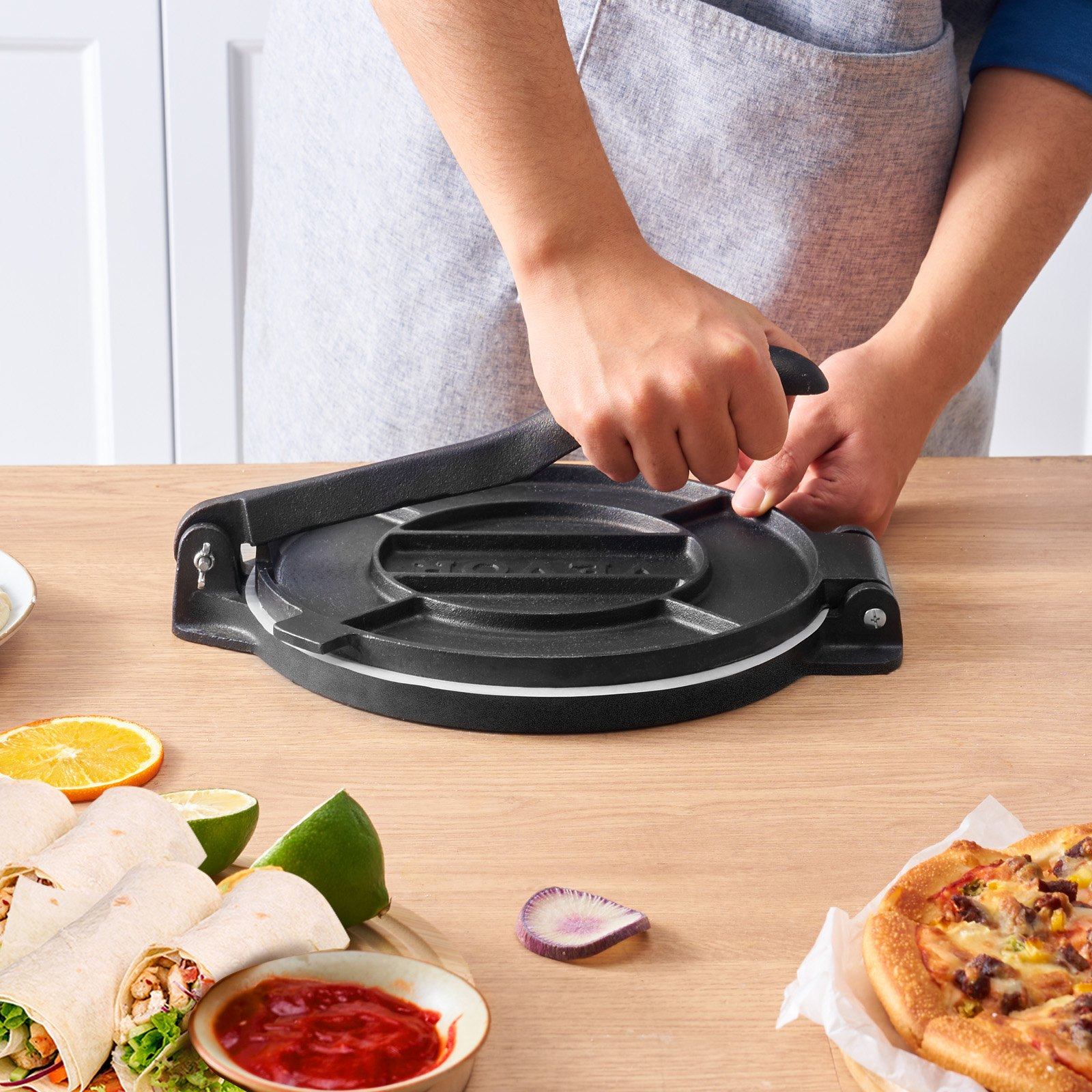10" Gusseisen Tortilla Presse Schwerlast Roti Maker mit Backpapier Silber - Bild 7 von 10