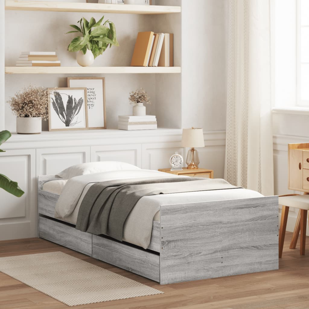 vidaXL Bed Frame with Drawers Grey Sonoma 90x190 cm Single
