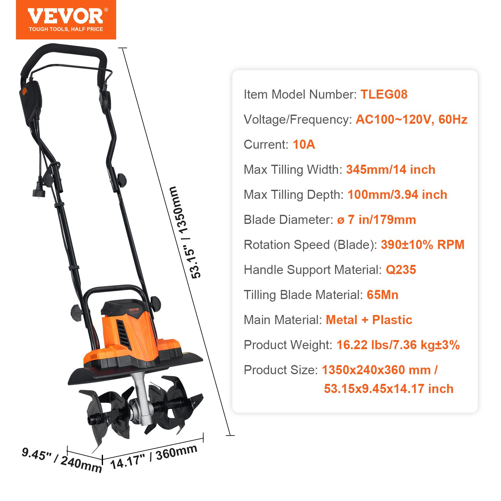 10 Amp Electric Tiller, Rototiller for Garden Lawn Soil Digging - Picture 10 of 10