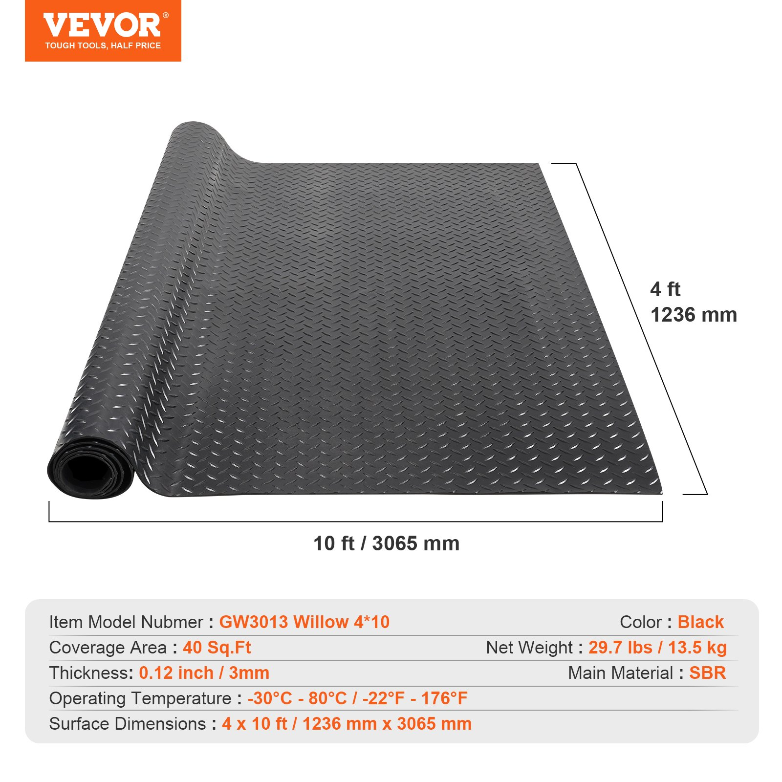 Diamond-Plate Rubber Flooring Roll, 3mm x 4ft x 10ft - Durable SBR Rubber Mat fo - Picture 7 of 10