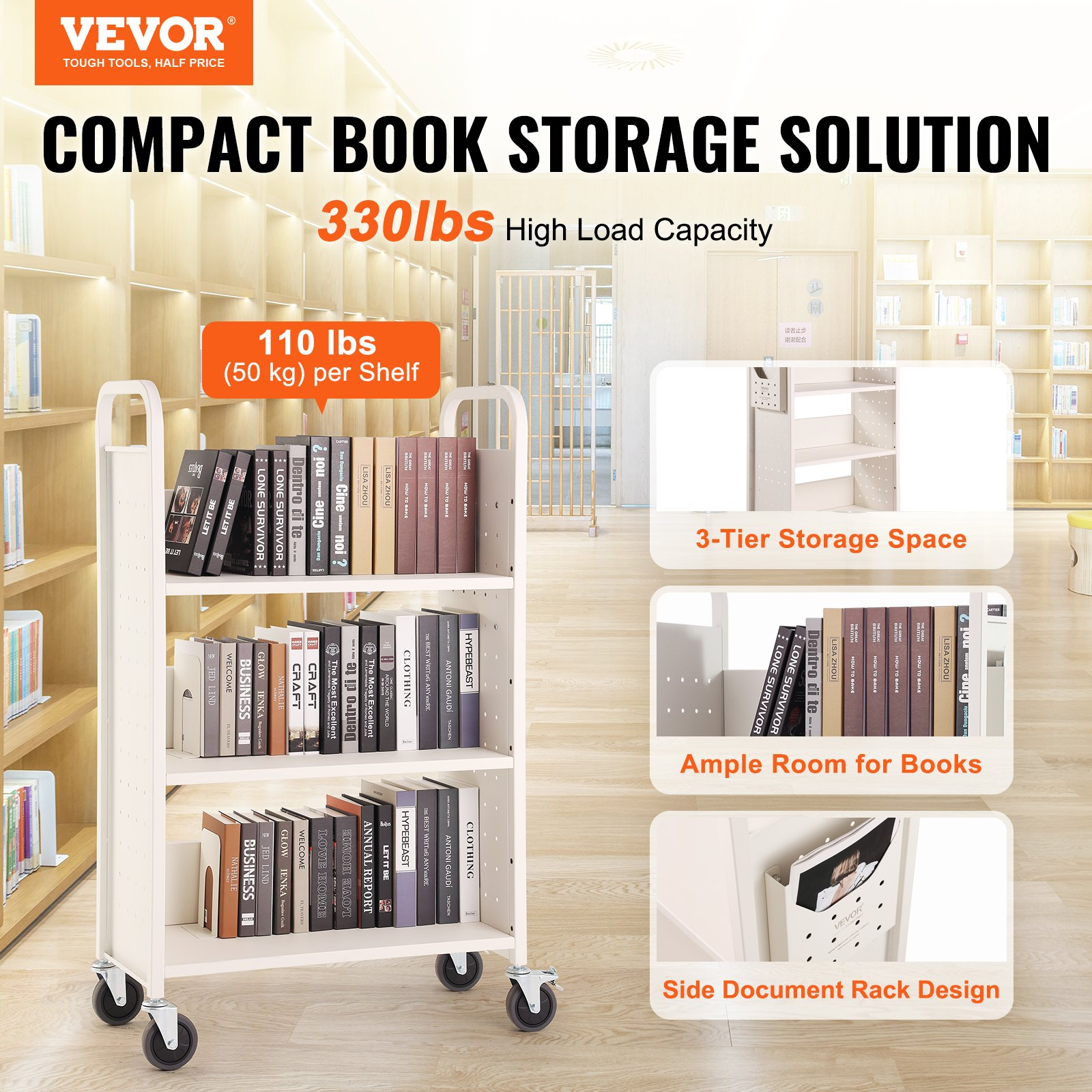 Rolling Book Cart, 330lb Capacity, L-Shaped Shelves, Lockable Wheels, White