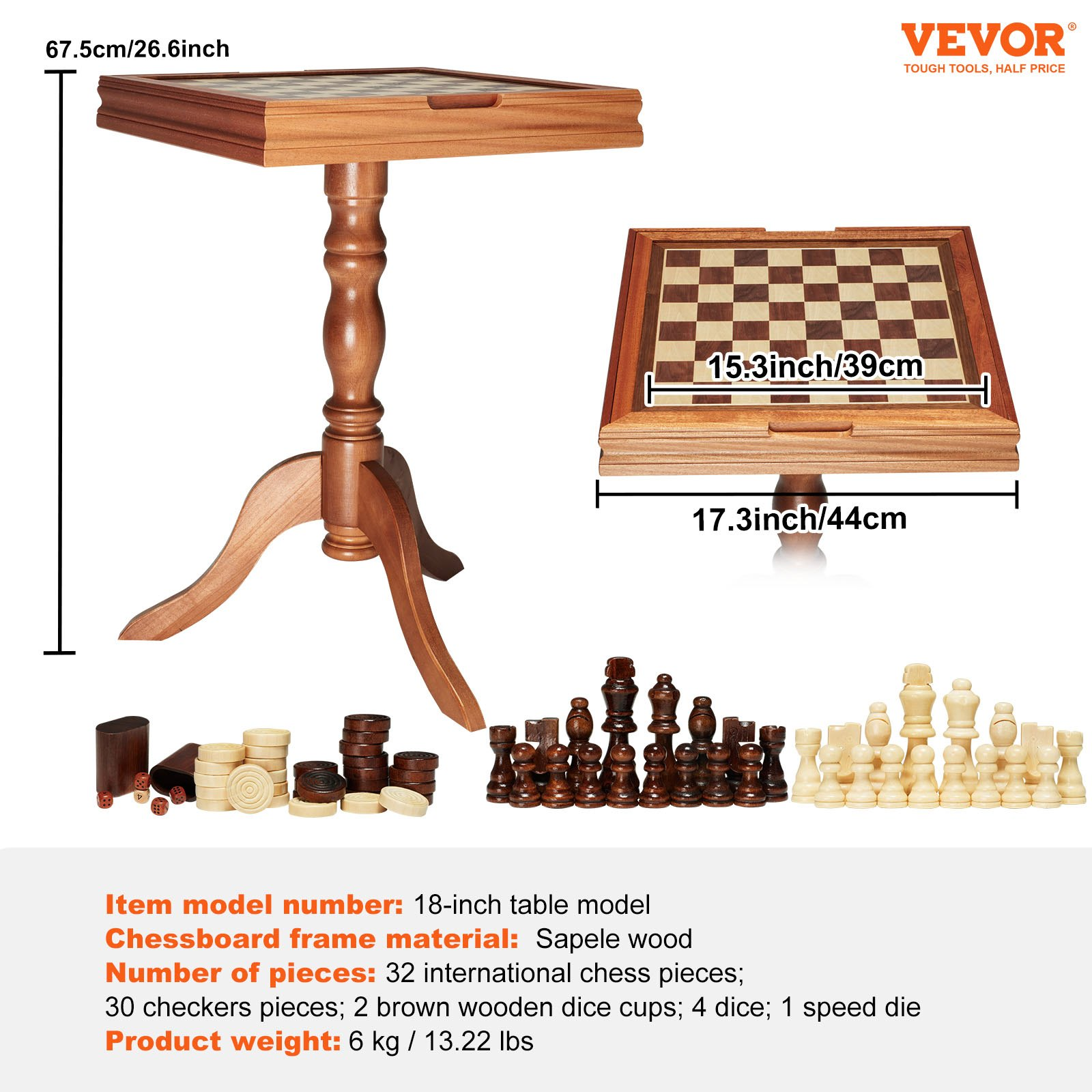 3-in-1 Schach Dame Backgammon Tisch Set, 18 Zoll Premium Holz Schachtisch, - Bild 7 von 10