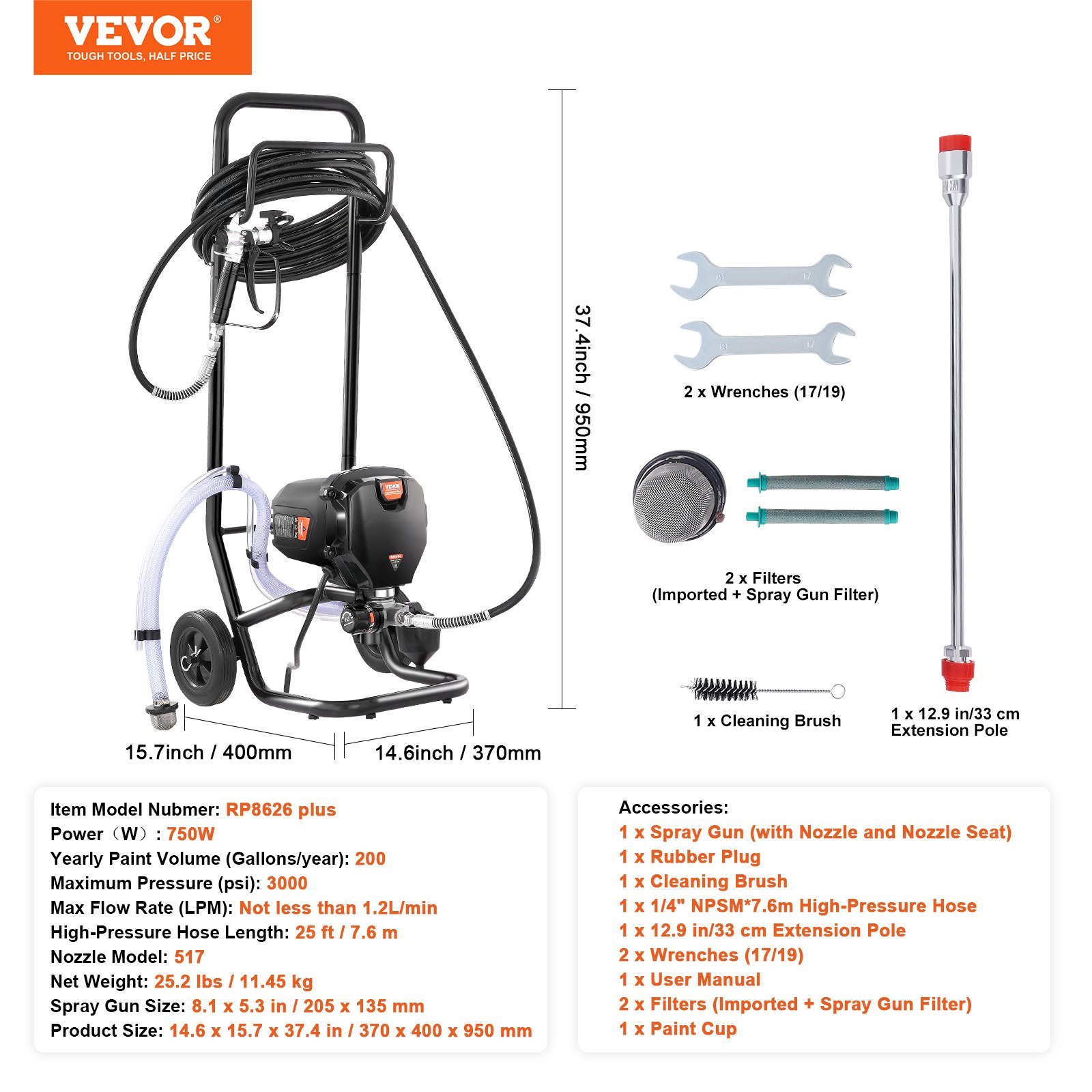 VEVOR 750W Stand Airless Paint Sprayer, 3000PSI High Efficiency Electric Airless