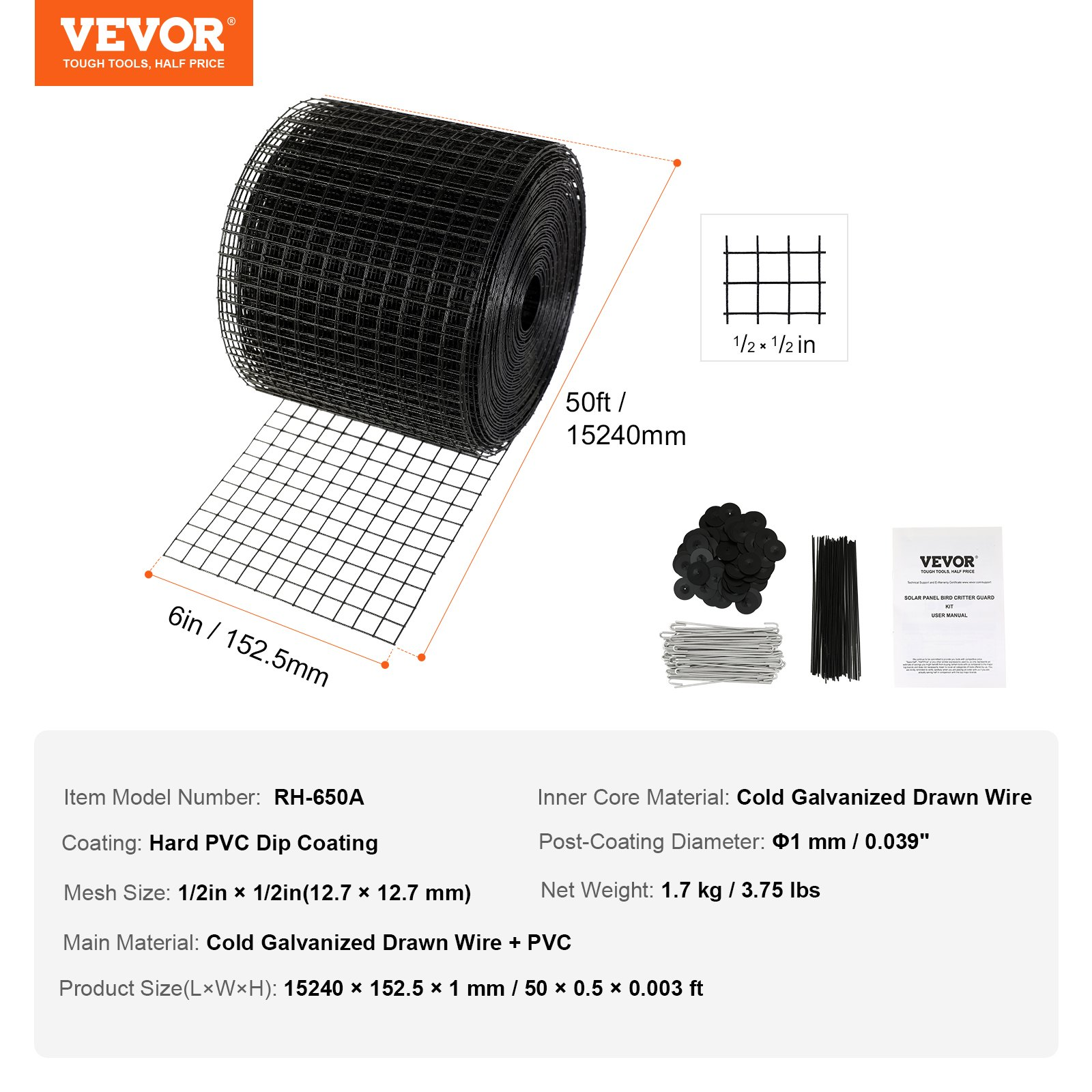 VEVOR 6 inch x 50ft Solar Panel Bird Guard, 1/2 inch Wire Roll Mesh - Picture 7 of 11