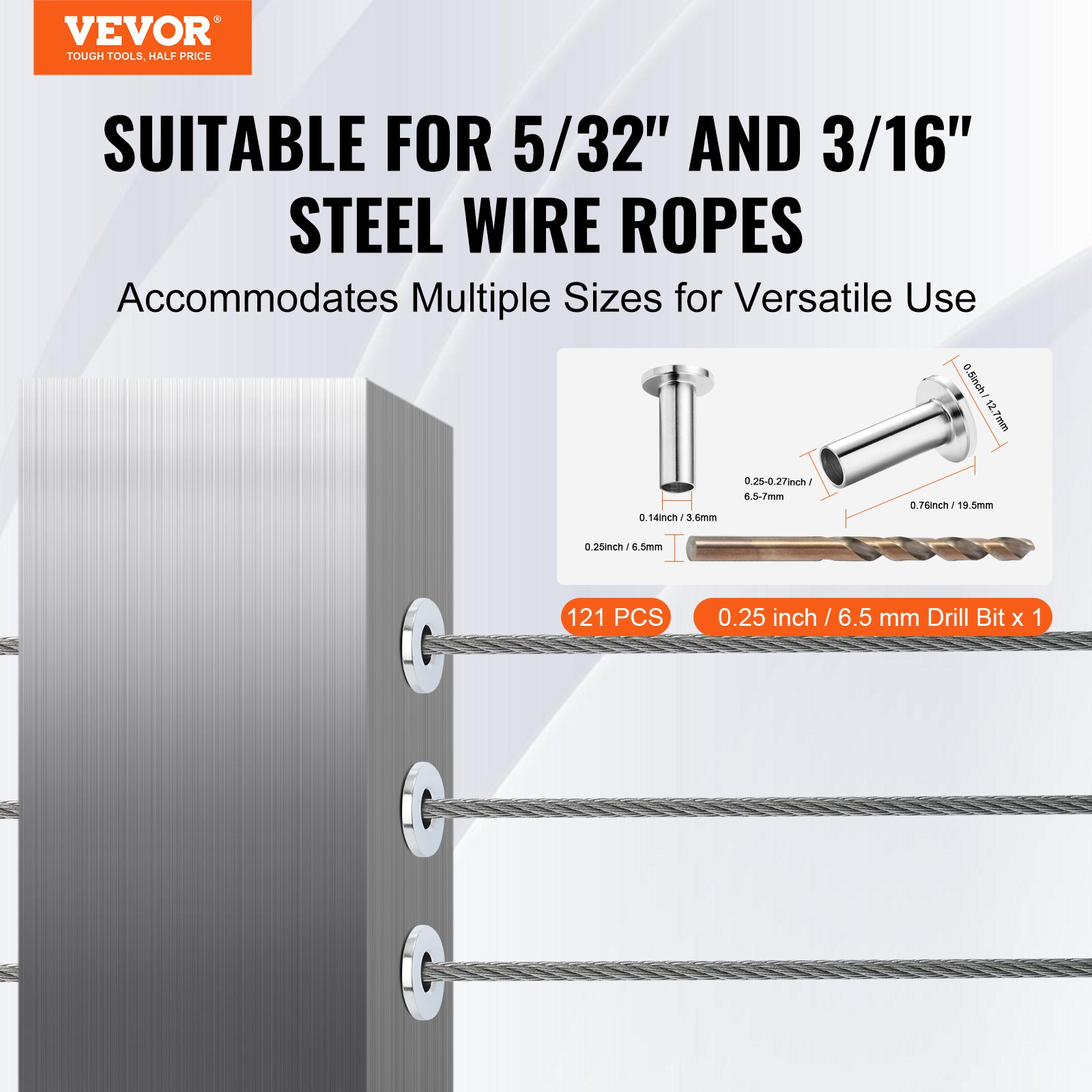 VEVOR T316 Stainless Steel Protector Sleeves for 5/32 in. 3/16 in. Wire Rope Cable Railing Balustrade Marine Grade Come