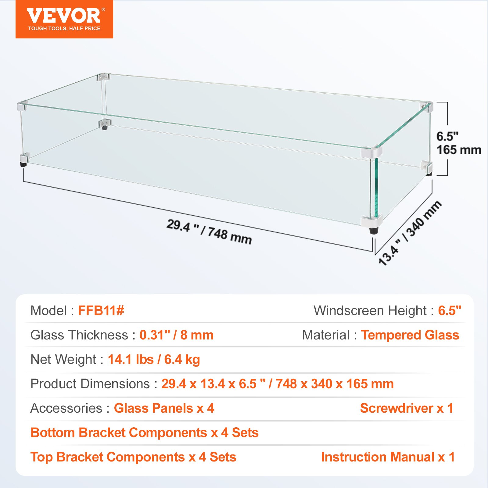 VEVOR Glass Wind Guard for Rectangular Fire Pit Table 29 x 13 x 6.5 Inch, 0.31 i