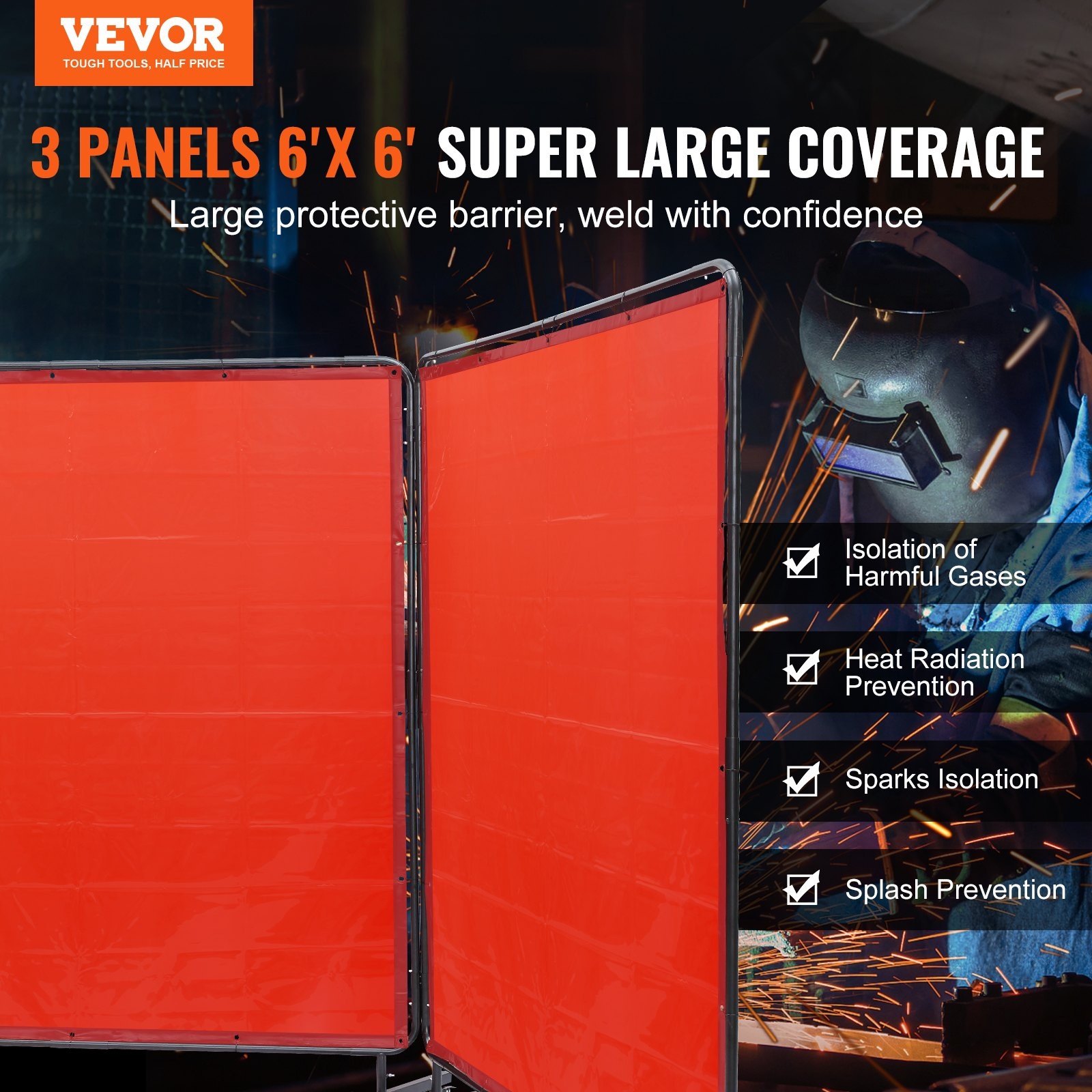 VEVOR Welding Screen with Frame, 6' x 6' 3 Panel Welding Curtain Screens, Flame-