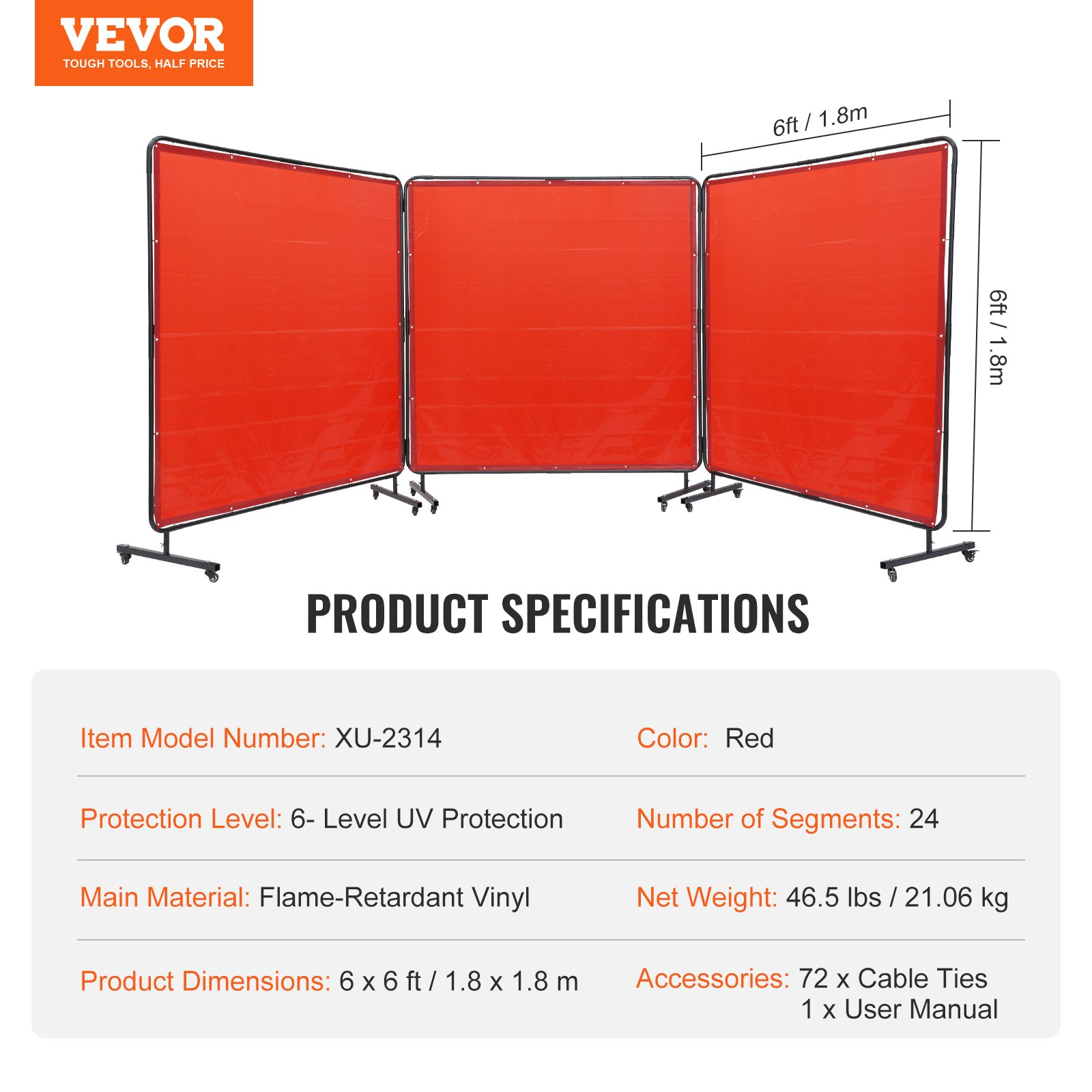 VEVOR Welding Screen with Frame, 6' x 6' 3 Panel Welding Curtain Screens, Flame-