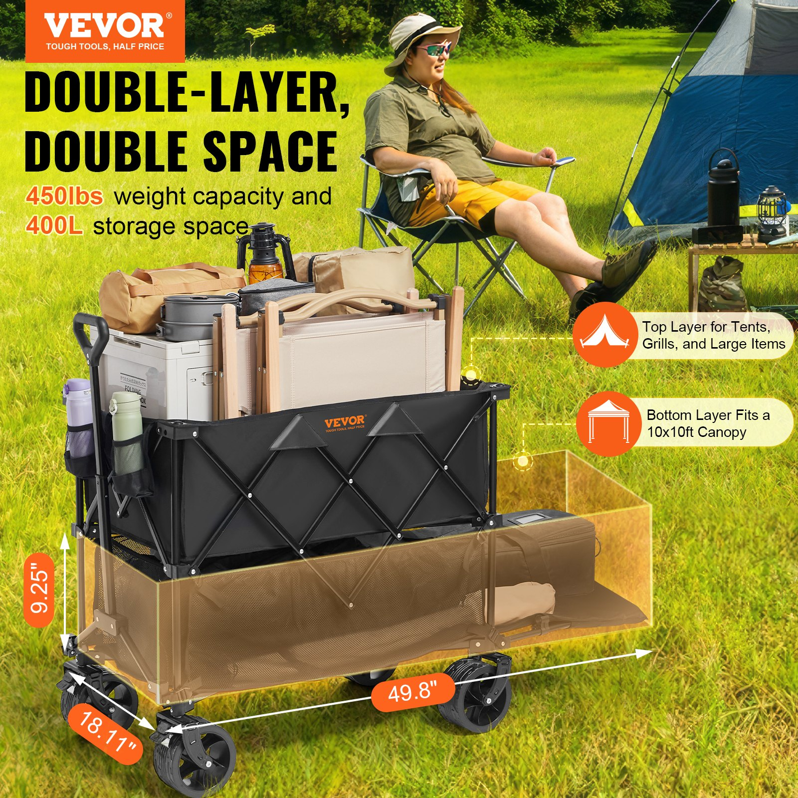 VEVOR Foldable Double Decker Wagon, 400L Collapsible Wagon Cart with All-Terrain