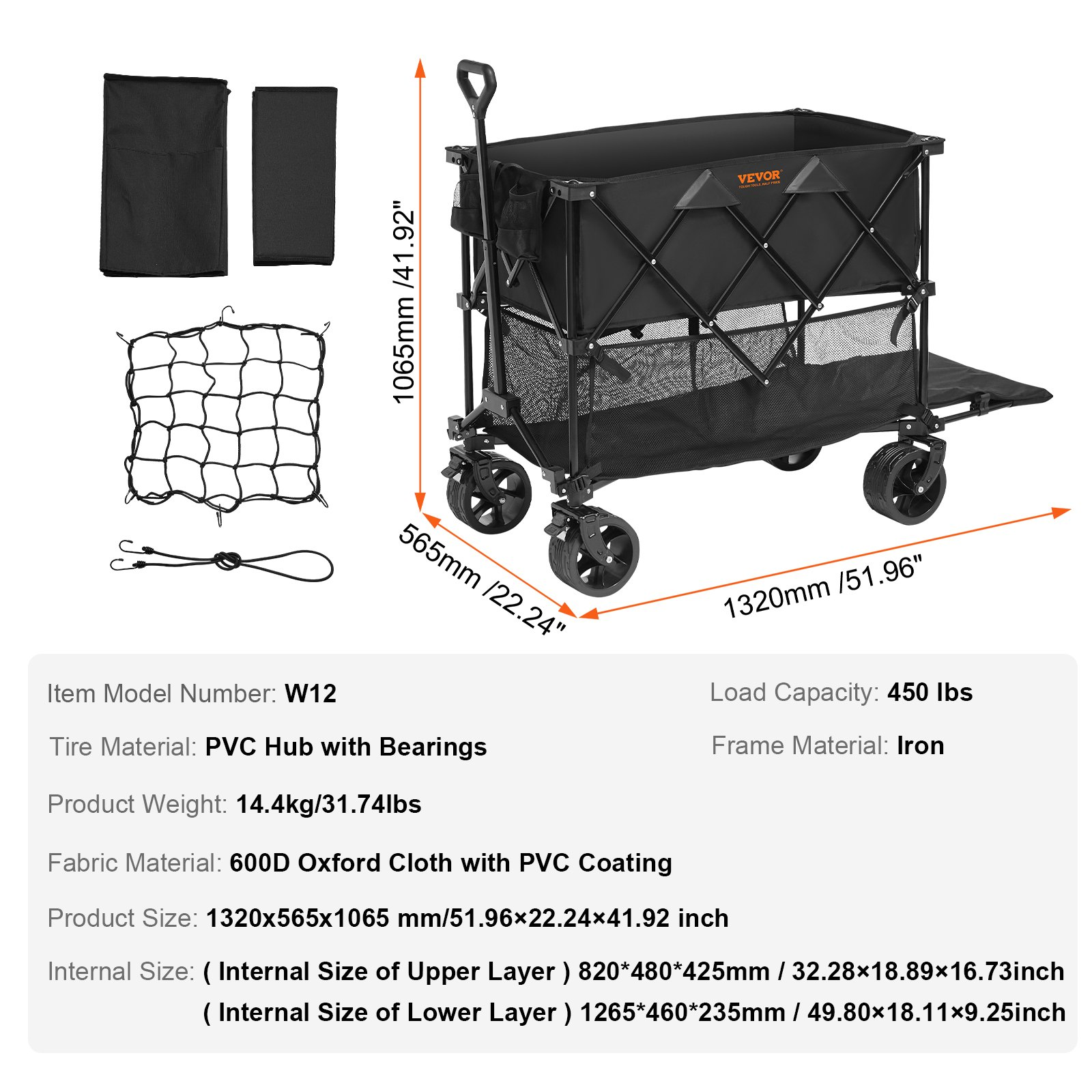 VEVOR Foldable Double Decker Wagon, 400L Collapsible Wagon Cart with All-Terrain