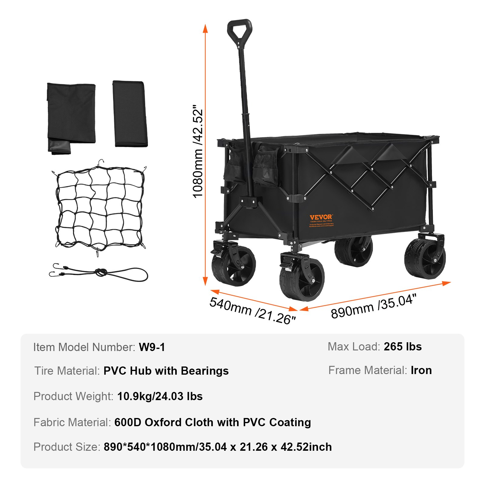 Collapsible Folding Wagon, 150 L Beach Wagon Cart with All-Terrain Wheels, Heavy