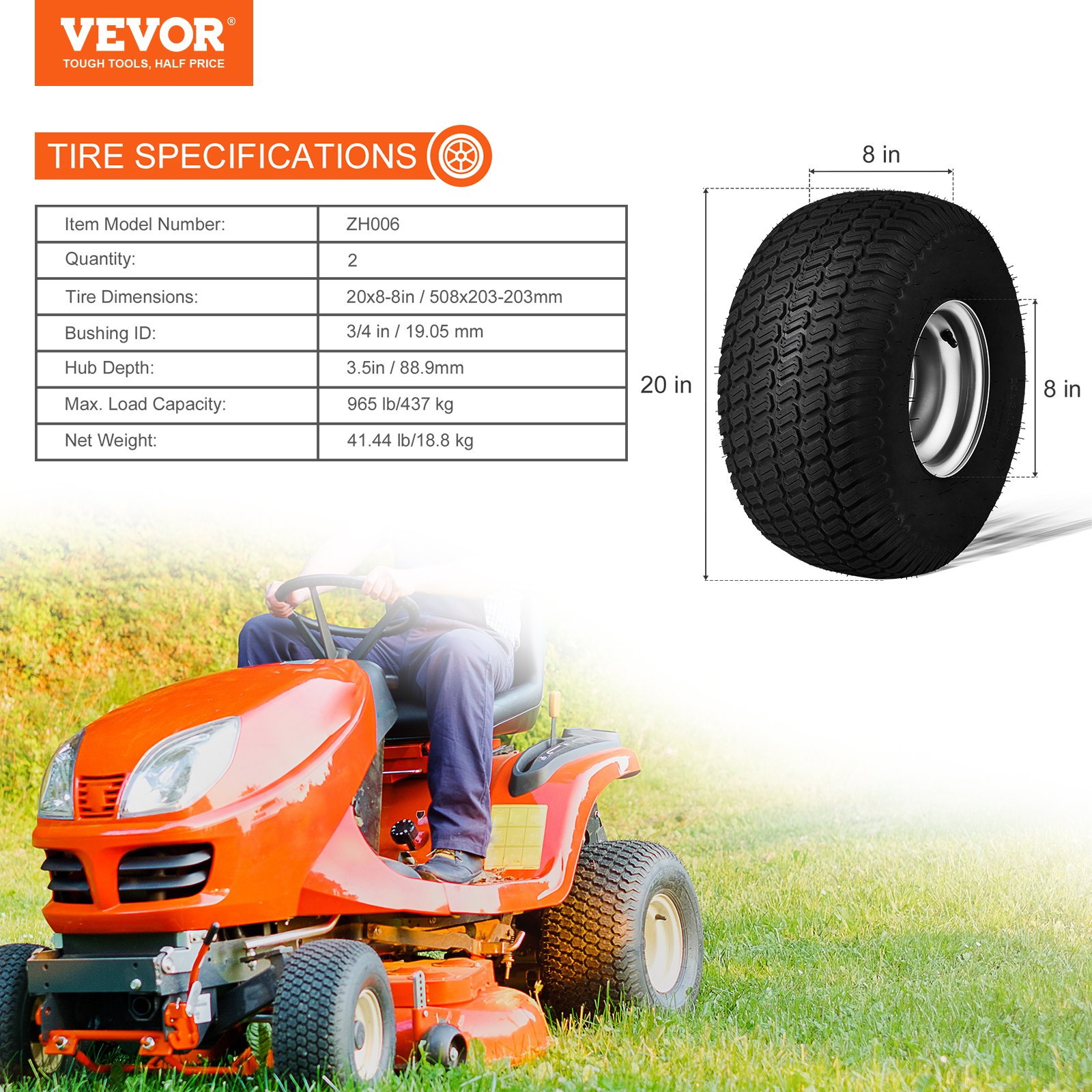 VEVOR Lawn Mower Tires with Rim, for Riding Mowers Lawn Tractors