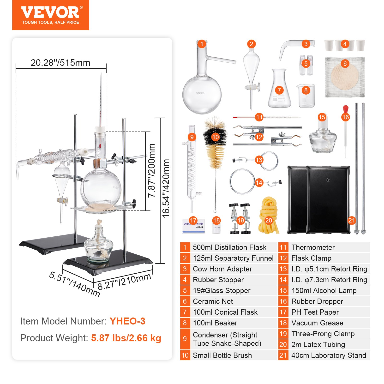 VEVOR Essential Oil Distillation Kit, 500ml Distillation Apparatus, 28 pcs Set