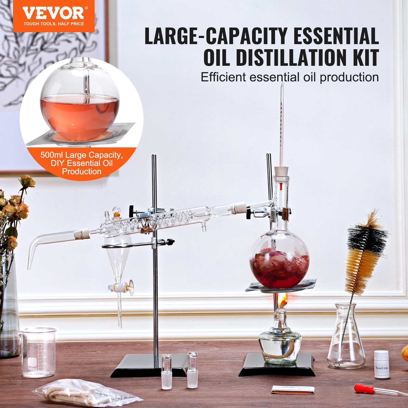 VEVOR Essential Oil Distillation Kit, 500ml Distillation Apparatus, 28 pcs Set