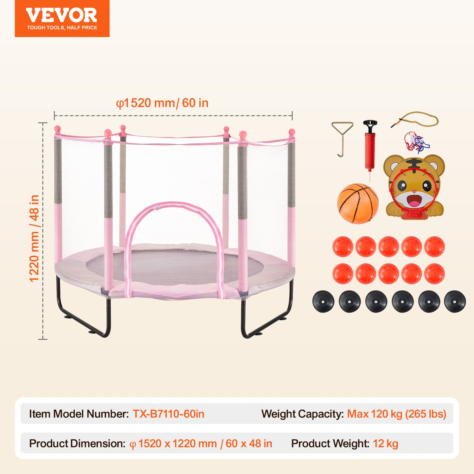 60" Indoor Outdoor Trampoline for Kids with Safety Net | Durable, Easy to Instal - Picture 6 of 10