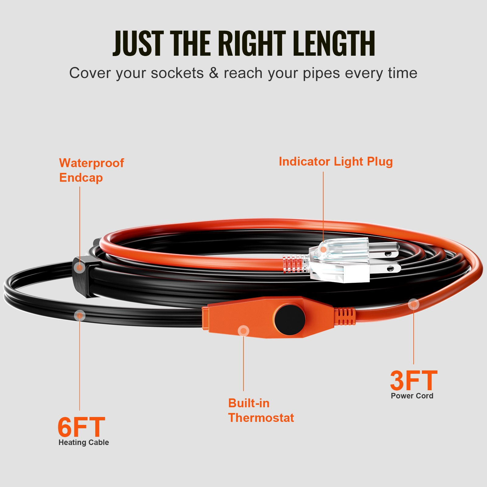 Cable de calefacción de tuberías 6 pies 7 W/ pies cinta térmica para tuberías con termostato incorporado - Imagen 4 de 10