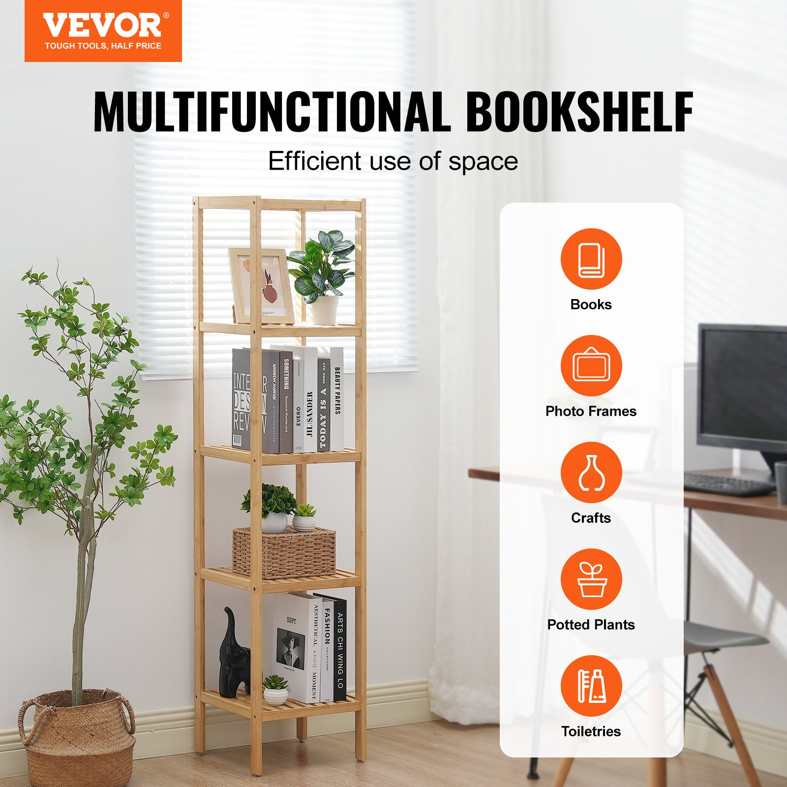 5-Tier Bathroom Standing Shelf, Narrow Shelving Unit, Natural