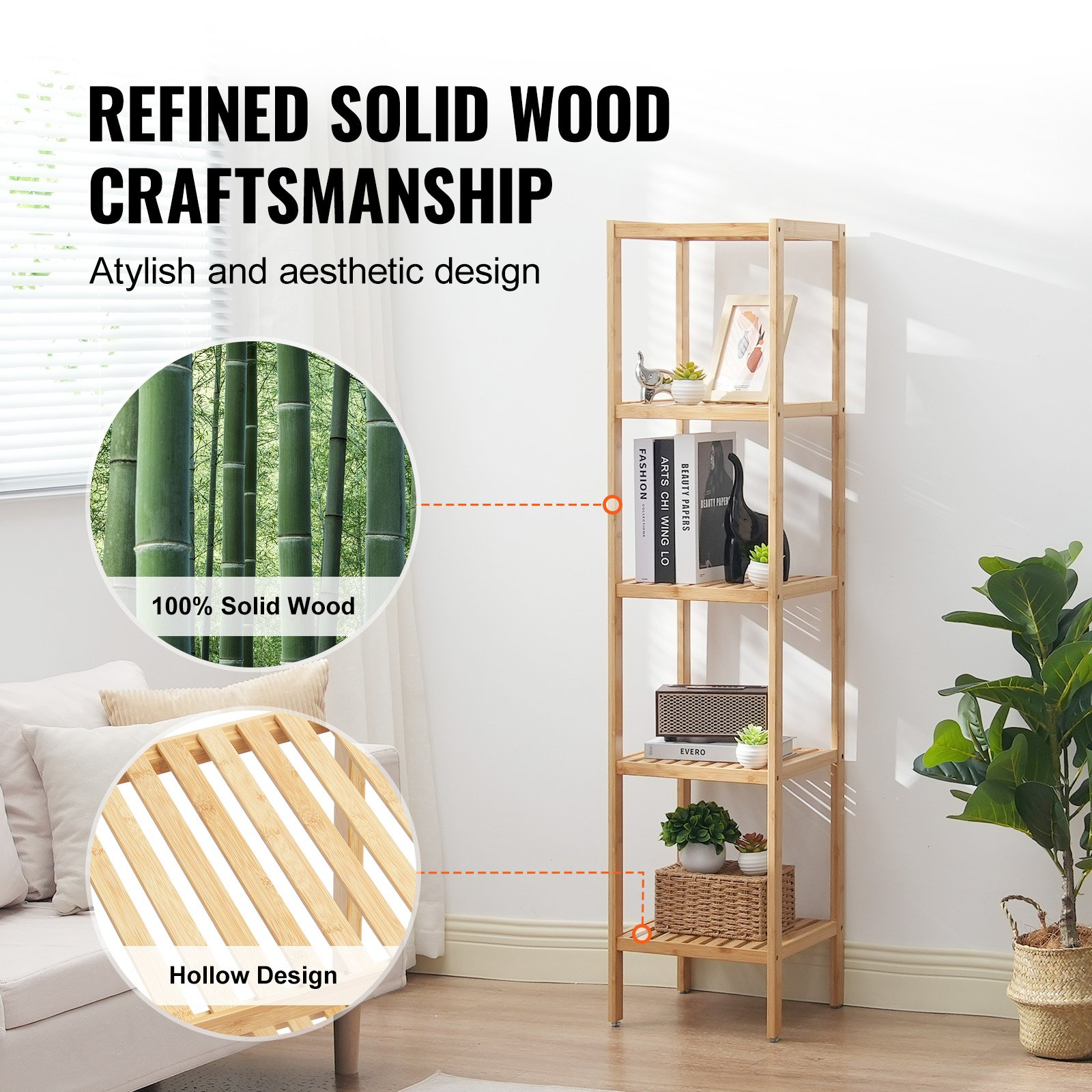 5-Tier Bathroom Standing Shelf, Narrow Shelving Unit, Natural